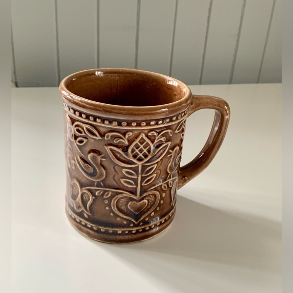 Vintage Japan Brown Ceramic Mug with Intricate Design